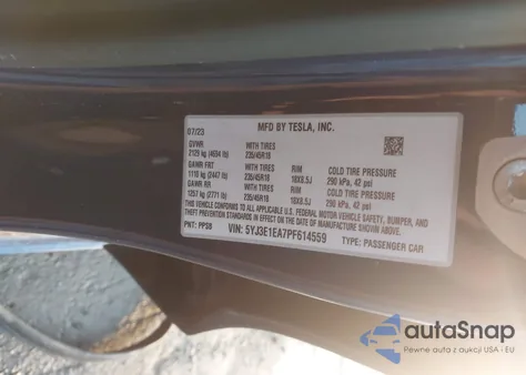 2023 Tesla Model 3 Rear-Wheel Drive z USA, uszkodzony, nr VIN 5YJ3E1EA7PF614559